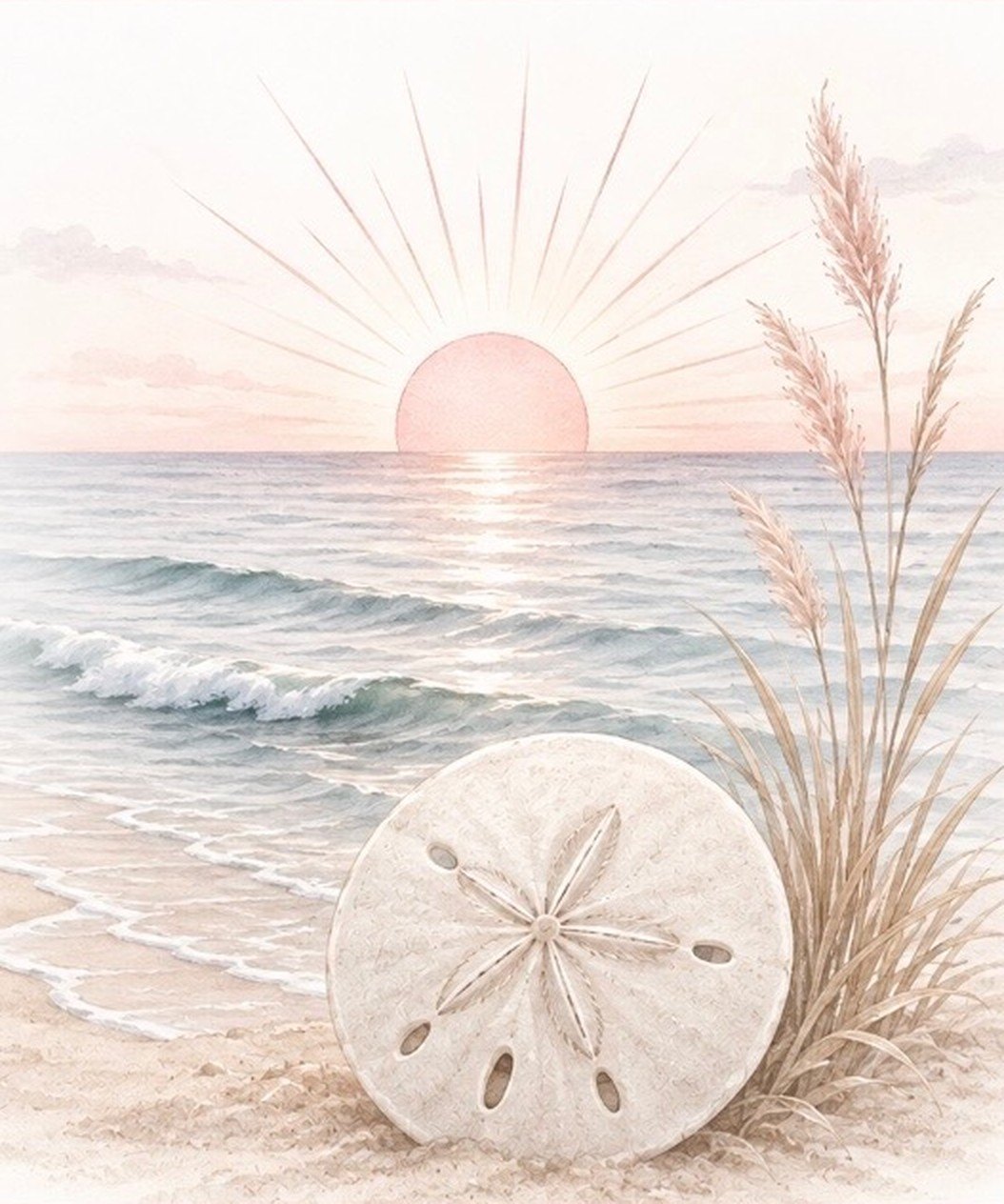 Watercolor of a pink sun rising over calm waves, with a sand dollar and beach grass on the sand.